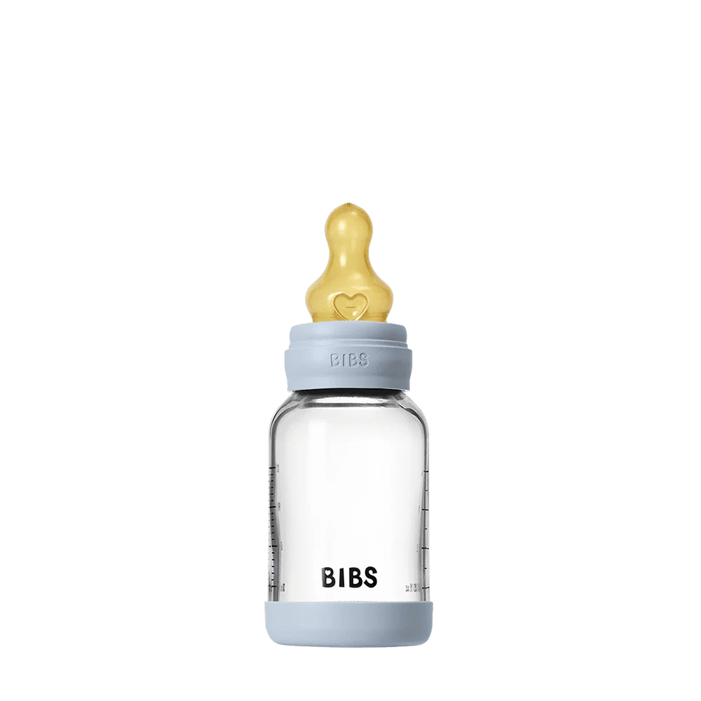 Bibs Baby Glass Bottle Round Silicone 1 pk 120ml Slow flow – Baby Blue